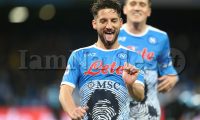 SSC Napoli's Belgium striker Dries Mertens  celebrates after scoring a goal during the Serie A football match between SSC Napoli and SS Lazio at the Diego Armando Maradona Stadium Naples, southern Italy, on November 27, 2021.