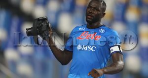SSC Napoli's Senegalese defender Kalidou Koulibaly  celebrates after scoring a goal during the Serie A football match between SSC Napoli and  Juventus FC  at the Diego Armando Maradona Stadium, Naples, Italy, on 11 September 2021