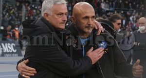 RomaÕs Portuguese coach Jose Mourinho and SSC Napoli's Italian coach Luciano Spalletti during the Serie A football match between SSC Napoli and AS Roma at the Diego Armando Maradona Stadium in Naples, southern Italy, on April 18, 2022.