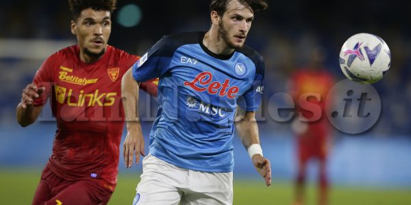 LecceÕs French midfielder Valentin Gendrey challenges for the ball with SSC NapoliÕs forward Khvicha Kvaratskhelia during the Serie A football match between SSC Napoli and Lecce. SSC Napoli and Lecce  draw 1-1.