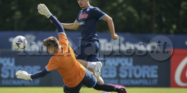 SSC Napoli's Italian forward Giuseppe Ambrosino controls the ball during the morning training session on the eighth  day of the preseason training camp of SSC Napoli 2022-23 in Val di Sole in Trentino, Dimaro Folgarida